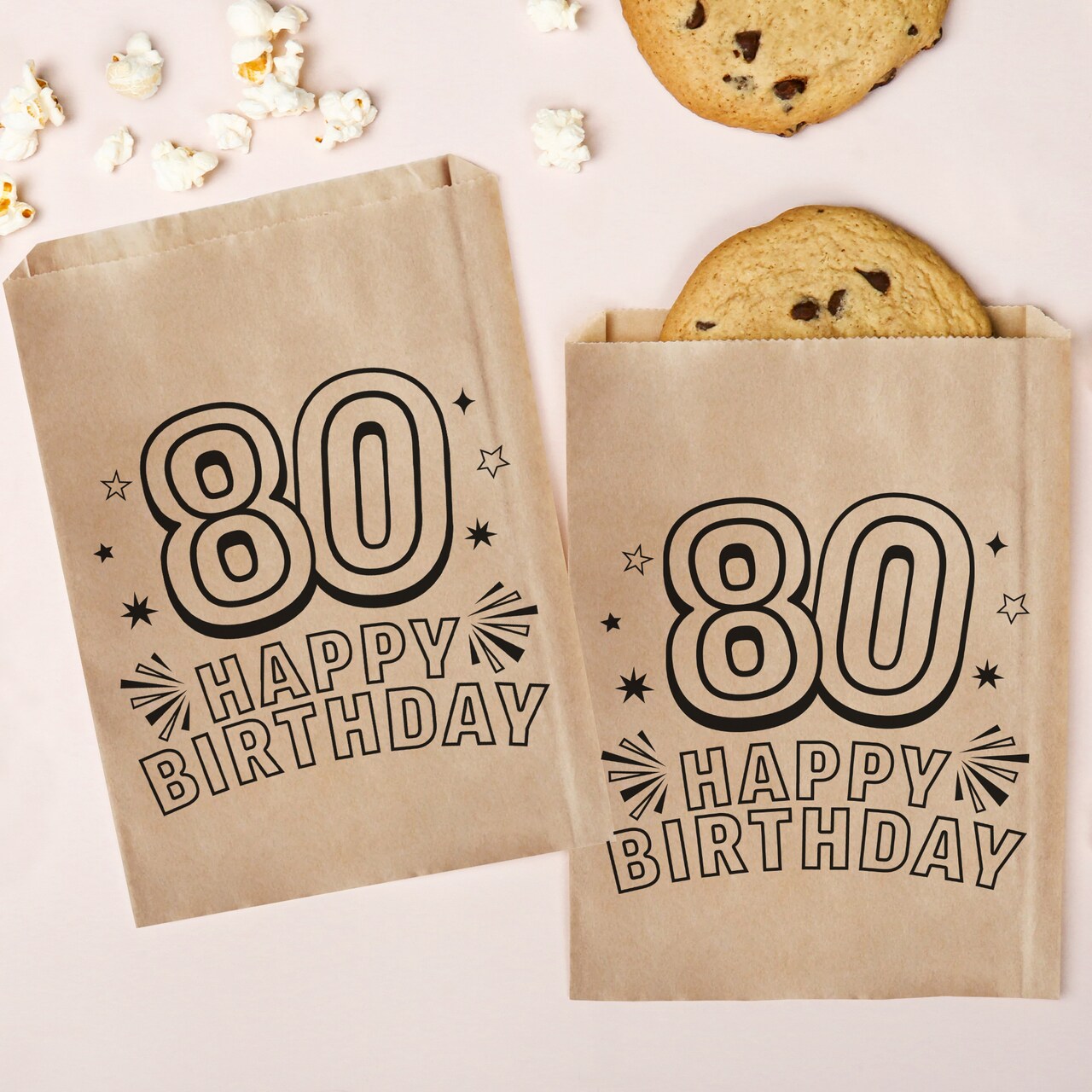 Big Dot of Happiness Adult 80th Birthday Kraft Brown Paper Treat Bags, Birthday Individual Greaseproof Brown Paper Sandwich Cookie Bags - 25 Count